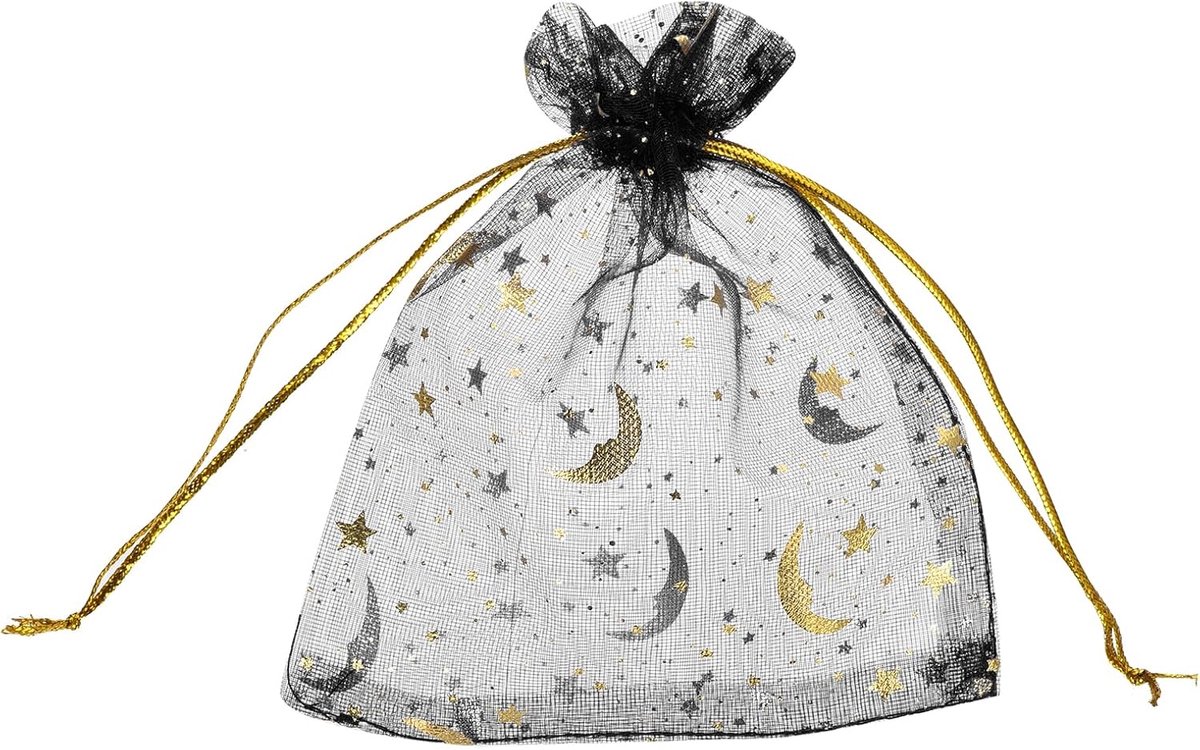 50 stuks organzazakjes, 9 x 12 cm, cadeauzakjes, sieradenzakjes, Moon-Star-patroon, mesh zakjes met trekkoord, organzazakjes voor bruiloft, feest, snoep, zwart-goud