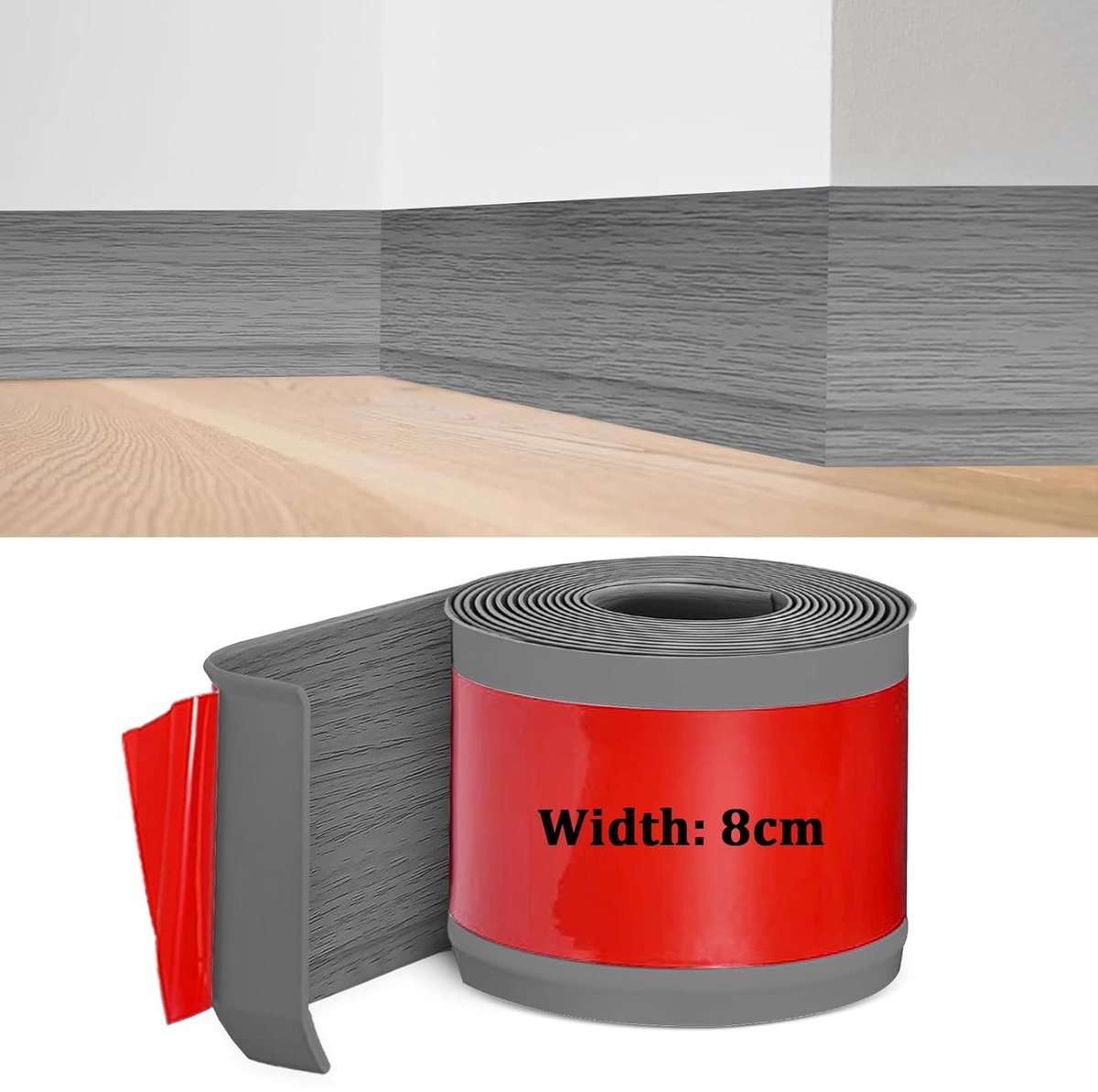 Zachte plint, zelfklevend, 5 m, plint, overgangsrail, vloerlijsten, zelfklevend, voor keuken, badkamer en woonkamer, breedte 8 cm (grijze houtnerf)
