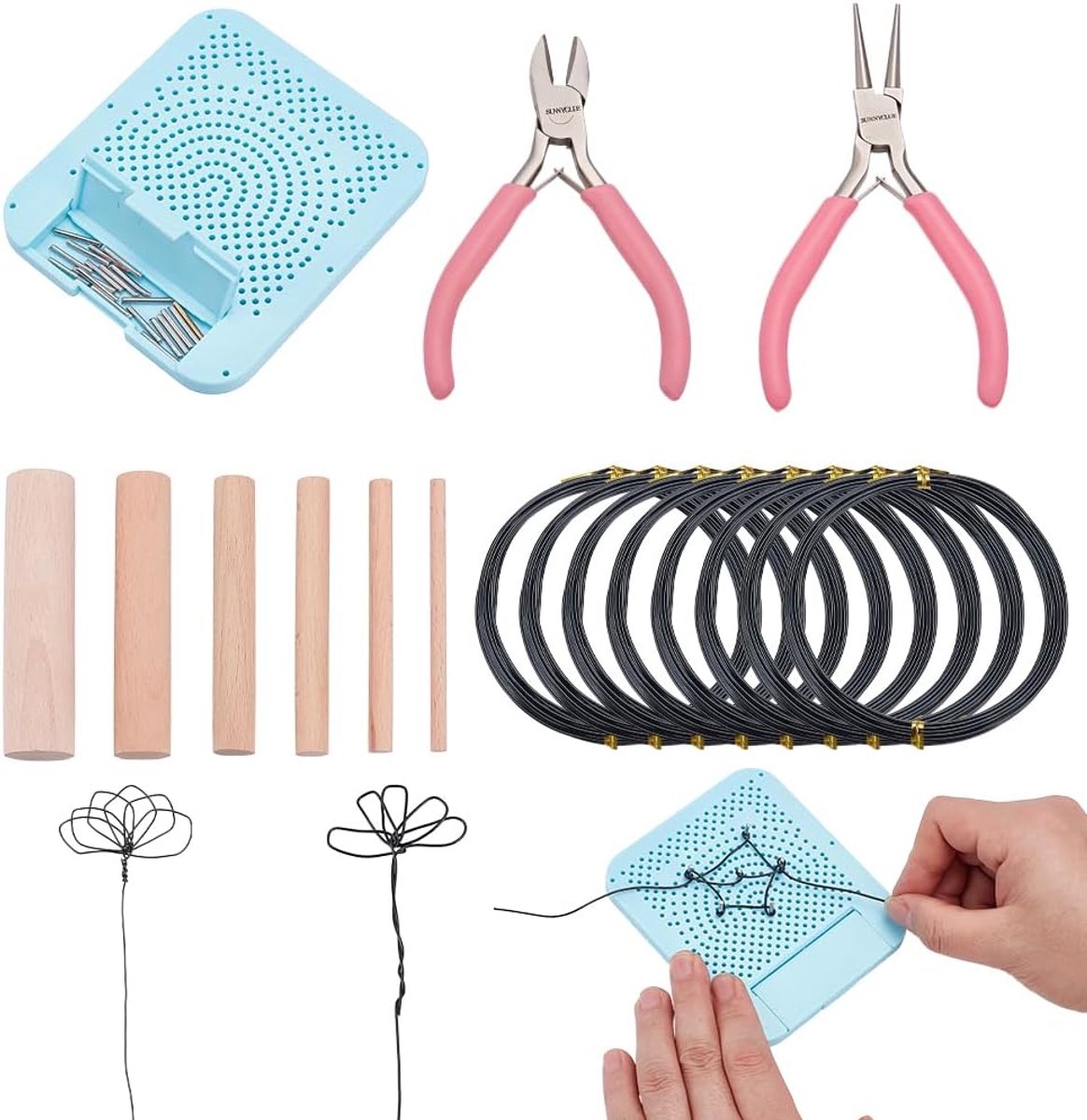 Draad bloemen knutselset DIY kunst hobby's handwerk metaal bloemen maken set bevat 8 rollen aluminiumdraad, 6 stuks houten knutselstokken 2 stuks koolstofstaal sieraden tangen