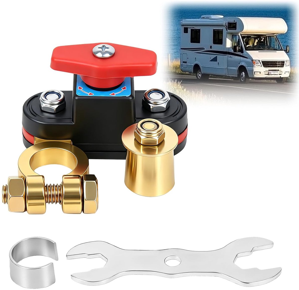 Accu-stroomonderbreker, 12 V, 24 V, puur koper, verstelbaar, universeel, voor auto | Stroomonderbreker voor accu, draaibaar, 180 graden, aan-uit, boot, auto, vrachtwagen, motorfiets, tractor, camper, camper
