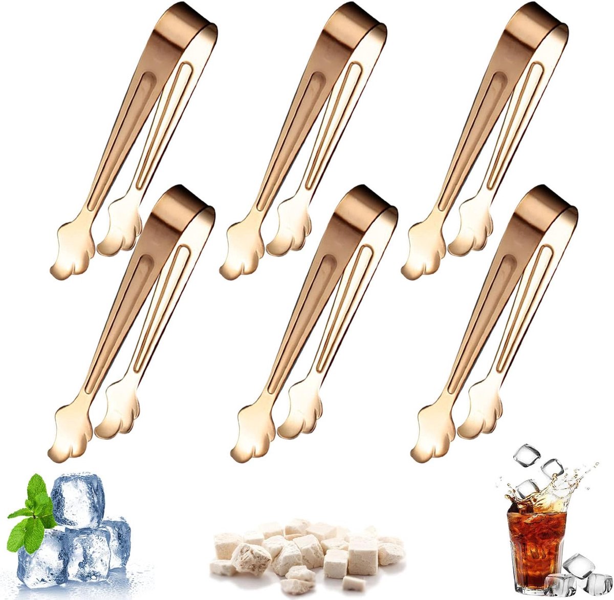 6 stuks roestvrijstalen suikertang, mini keuken verdikte serveerijstang voor feest, eten, ijs, drinken, koffie, suikerklontje (roségoud)