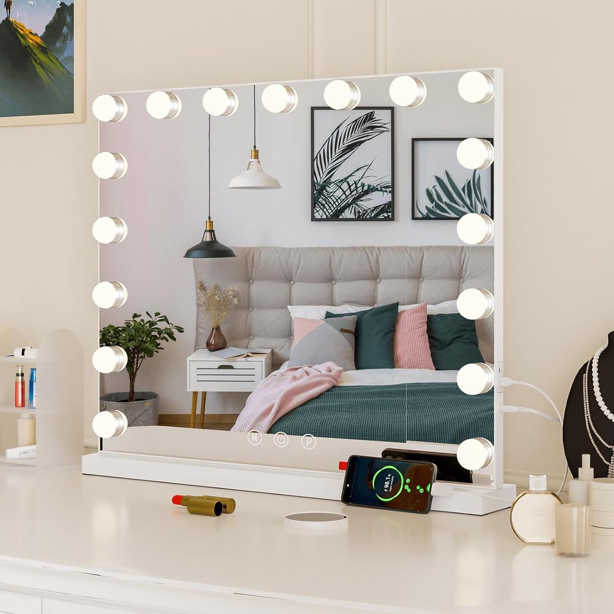 Spiegel met Verlichting, Verlichte Make-Up Spiegel met 17 Ledlampen, 10 x Vergrotende Spiegel, Grote Vanity Mirror met Touch-Bediening, Wit, 60 x 52cm