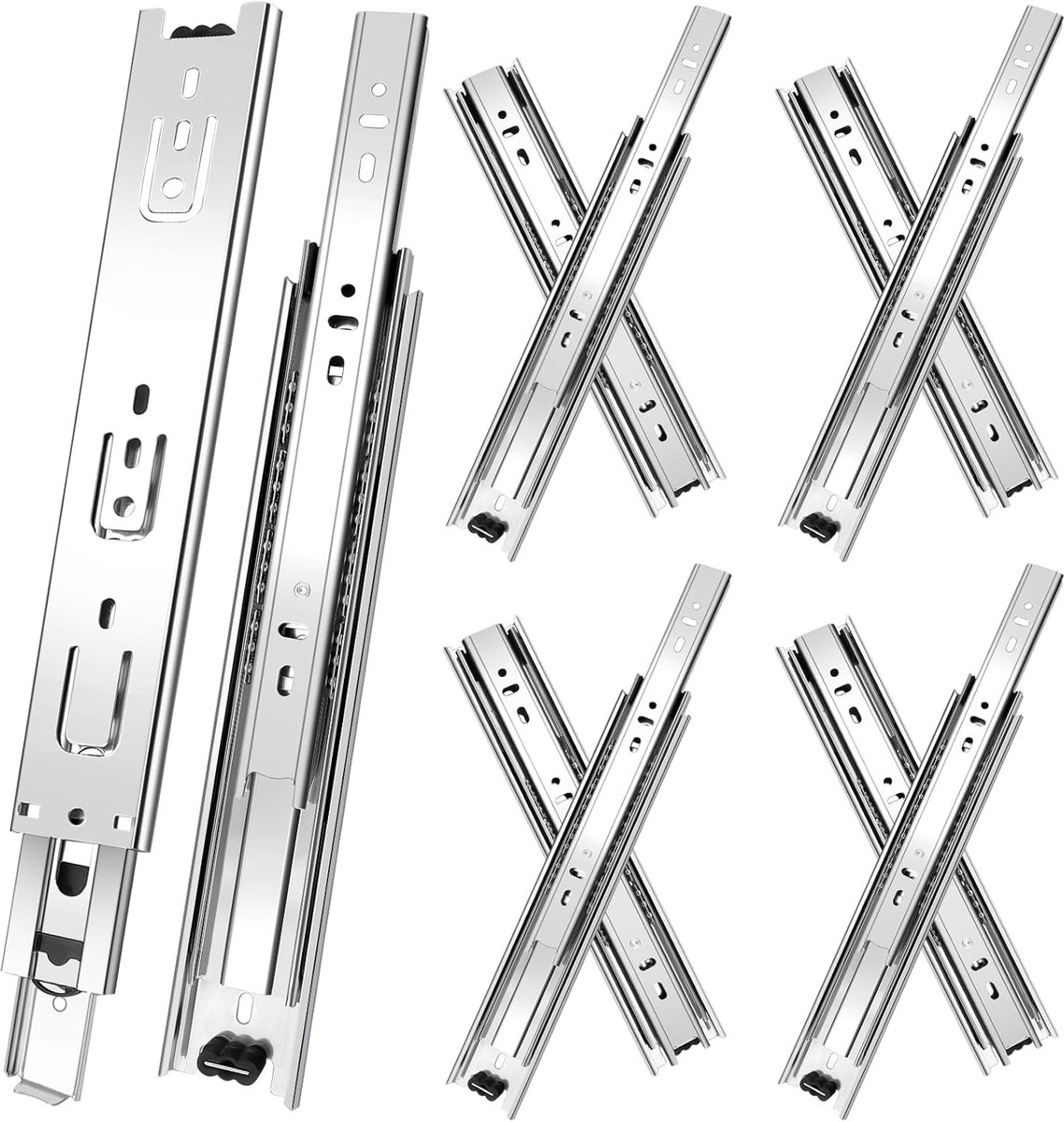 Ladegeleiders, 4 paar (8 stuks) 3-voudig volledig uitschuifbaar, zijgemonteerde kastladegeleiders, 50,8 cm, zilver kastrails voor dressoir, kast, keuken, prullenbak, kledingkast, 45 kg