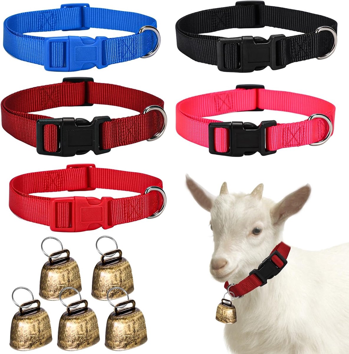 5 stuks geitenhalsbanden met belletjes: WIYETY verstelbare geitenhalsbanden, vintage mini koeienbel, geitenbel, anti-verlies, geitenhalsband met klokken voor kleine boerderijen, kleurrijk