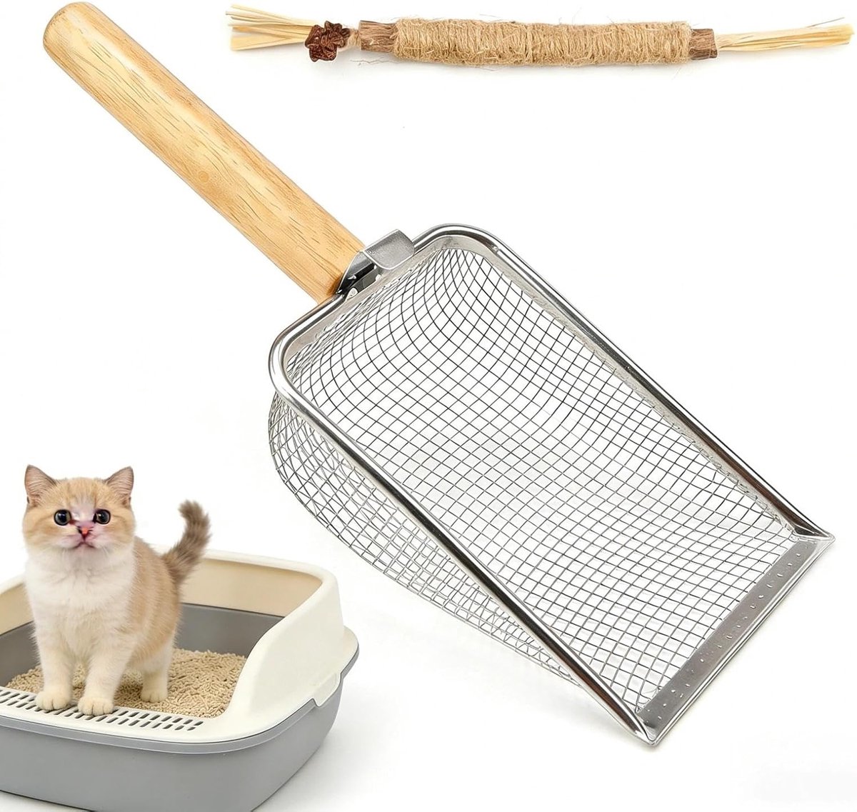 Kattenbak Schep RVS - Houten Handgreep - Met 6 Gaas - Duurzaam en Handig in Gebruik - ShopVlot