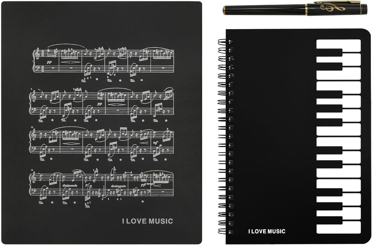 Notitieboek A5 spiraal - muzieknoten en piano ontwerp - inclusief hoge notitiepen - perfect voor muzikanten - ShopVlot