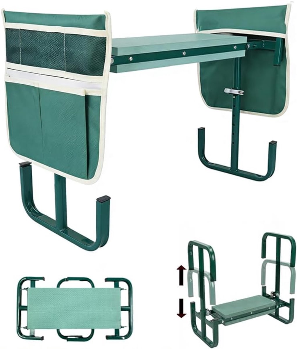 Tuinstoel knielbank 60 x 52 x 27 cm - Vouwbaar en hoogte verstelbaar - Kniekussen met gereedschapszak - ShopVlot