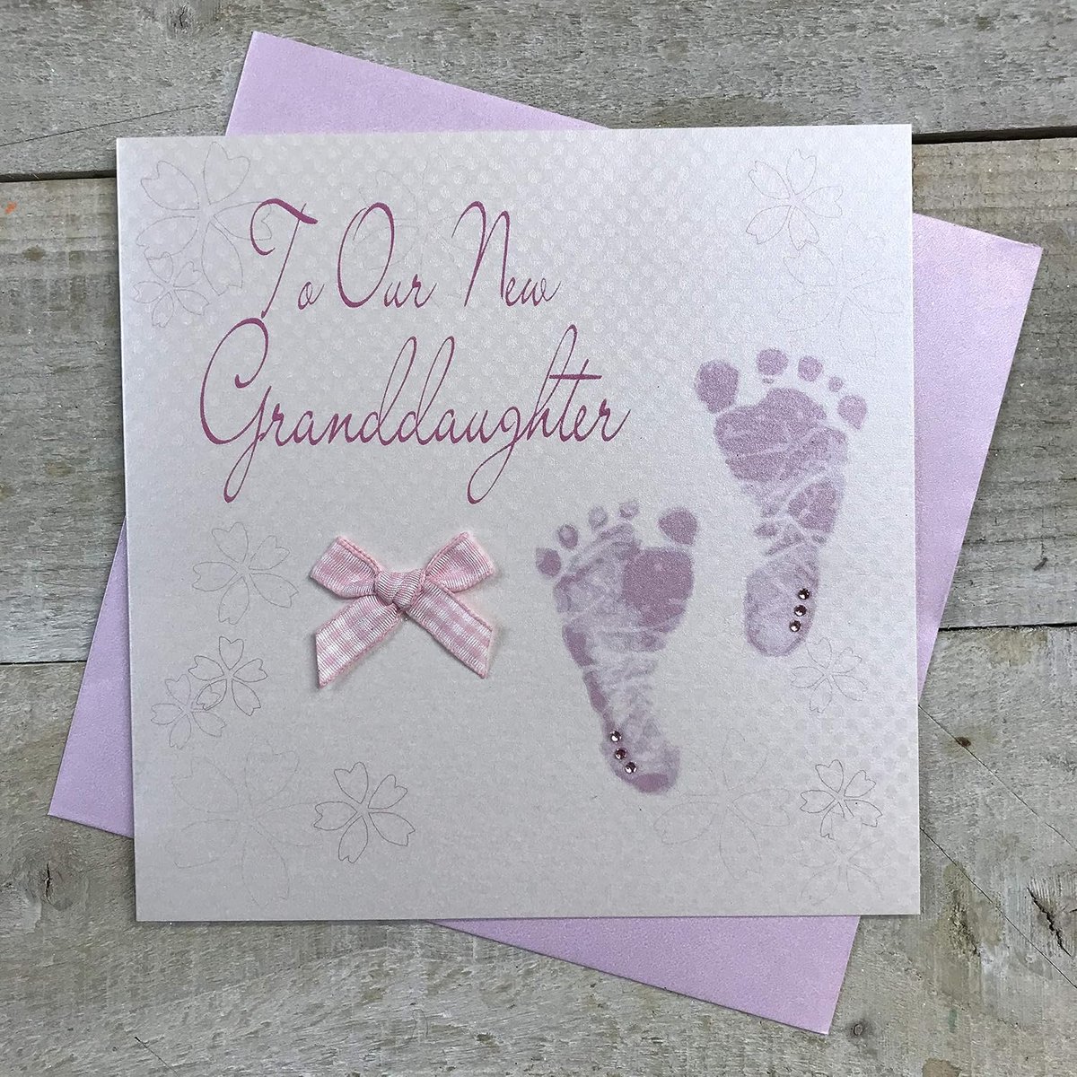 Kerstkaart handgemaakt 16 x 16 cm - witte katoen - roze voetjes - perfect voor onze kleindochter - ShopVlot