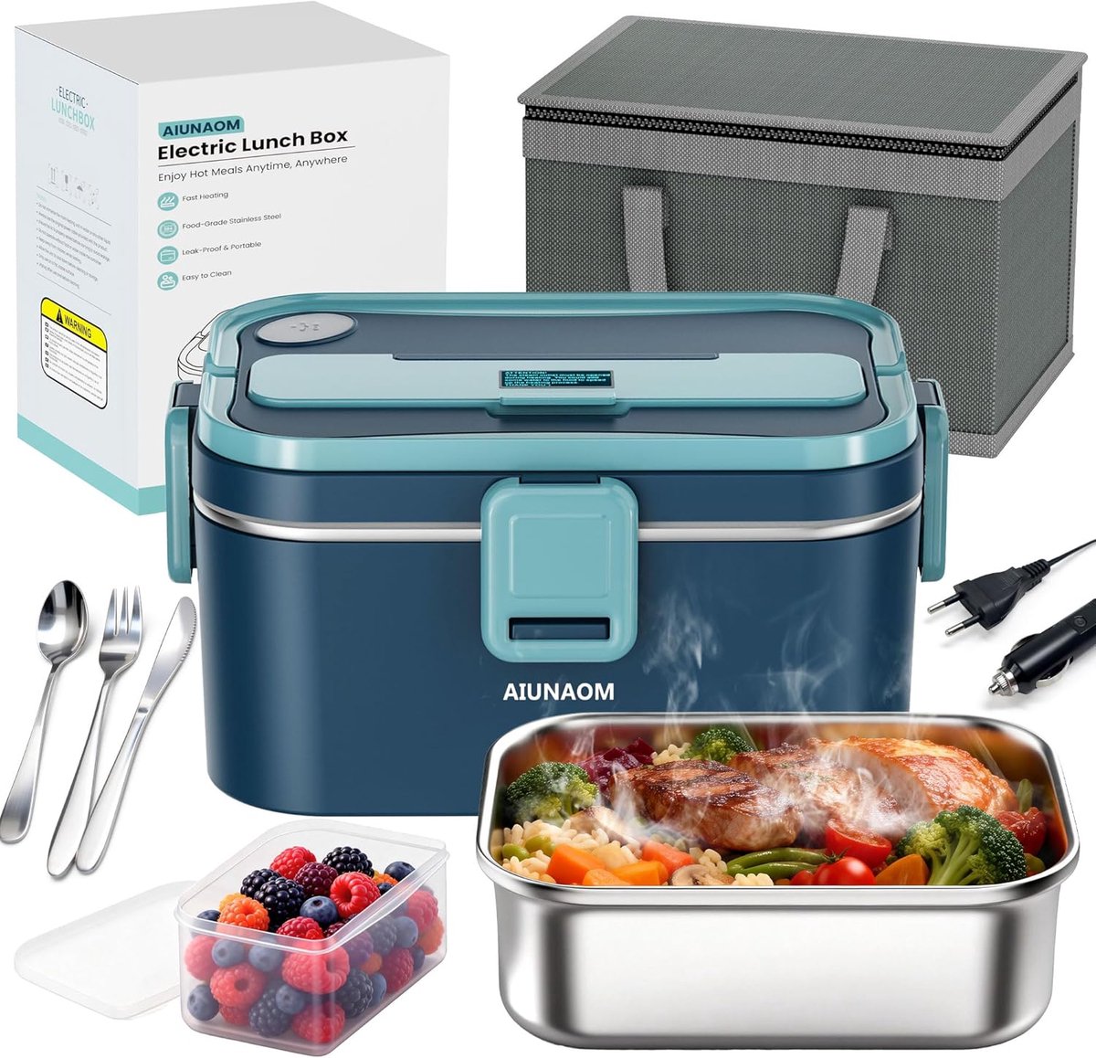 Elektrische Lunchbox 1.8L - 3-in-1 Warmhoudcontainer - Zelfverwarmend - Eten onderweg opwarmen - ShopVlot