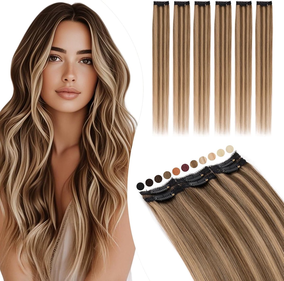 Haarextensies van echt haar, balayage, zijde, kant in lokken, 6 stuks, clip-in haarverlenging, onzichtbaar, 31 g, 25 cm, voor volume/meter, #4P27