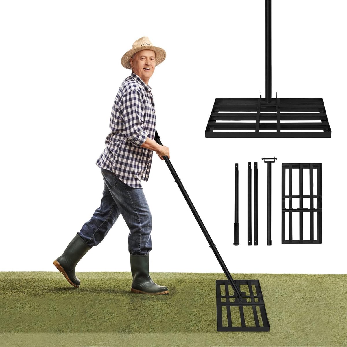 Professionele gazonrakel van roestvrij staal, met instelbare lengte steel, gazonrakel voor het zanden, verwijderen van vlakken, voor golfbaan, tuin, erf, 25 x 50 cm