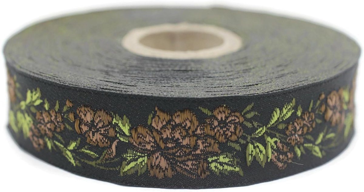 Jacquard Lint Weeft Bruin en Zwart - Middernachtbloem 10 m x 25 mm - Rollen Borduurband voor Naaien Decoratie 25096-V7