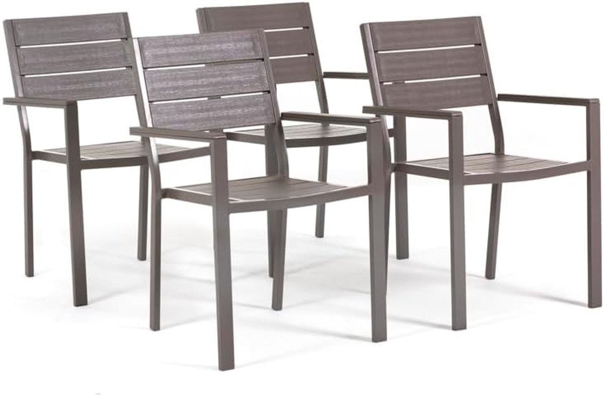 Stapelbare buiten- en tuinstoelen met stalen frame en hoogwaardige polyethyleen plaat in geraffineerd houtdesign, 4, bruin