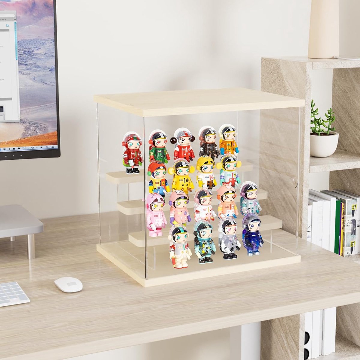 Vitrinekast voor Collectie, Plexiglas Vitrinekast met Deur en Stappen, 4 Lagen Assembleer Opslag Vitrine Stofdichte Organisator Acryl Doos voor Figuren, Funko Pop, Speelgoed, Houtkleur