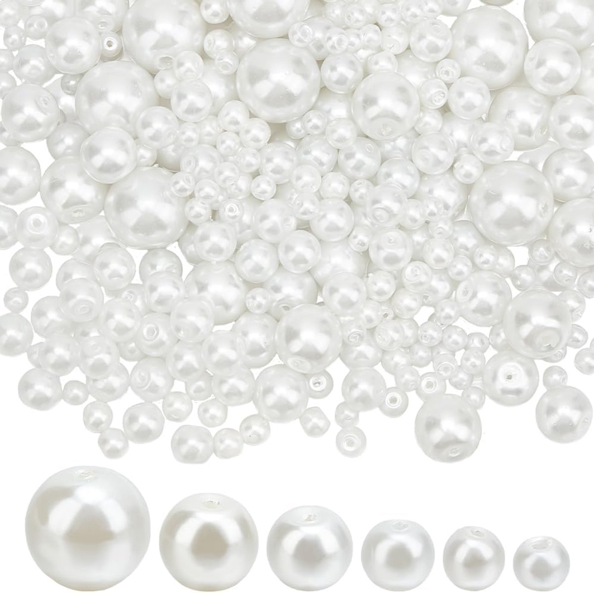 Kralen, 6 maten, witte glazen kralen met gat, ronde losse kralen voor doe-het-zelf sieraden, Kerstmis, Halloween, vulstof voor vazen 3/4/6/8/10/12 mm