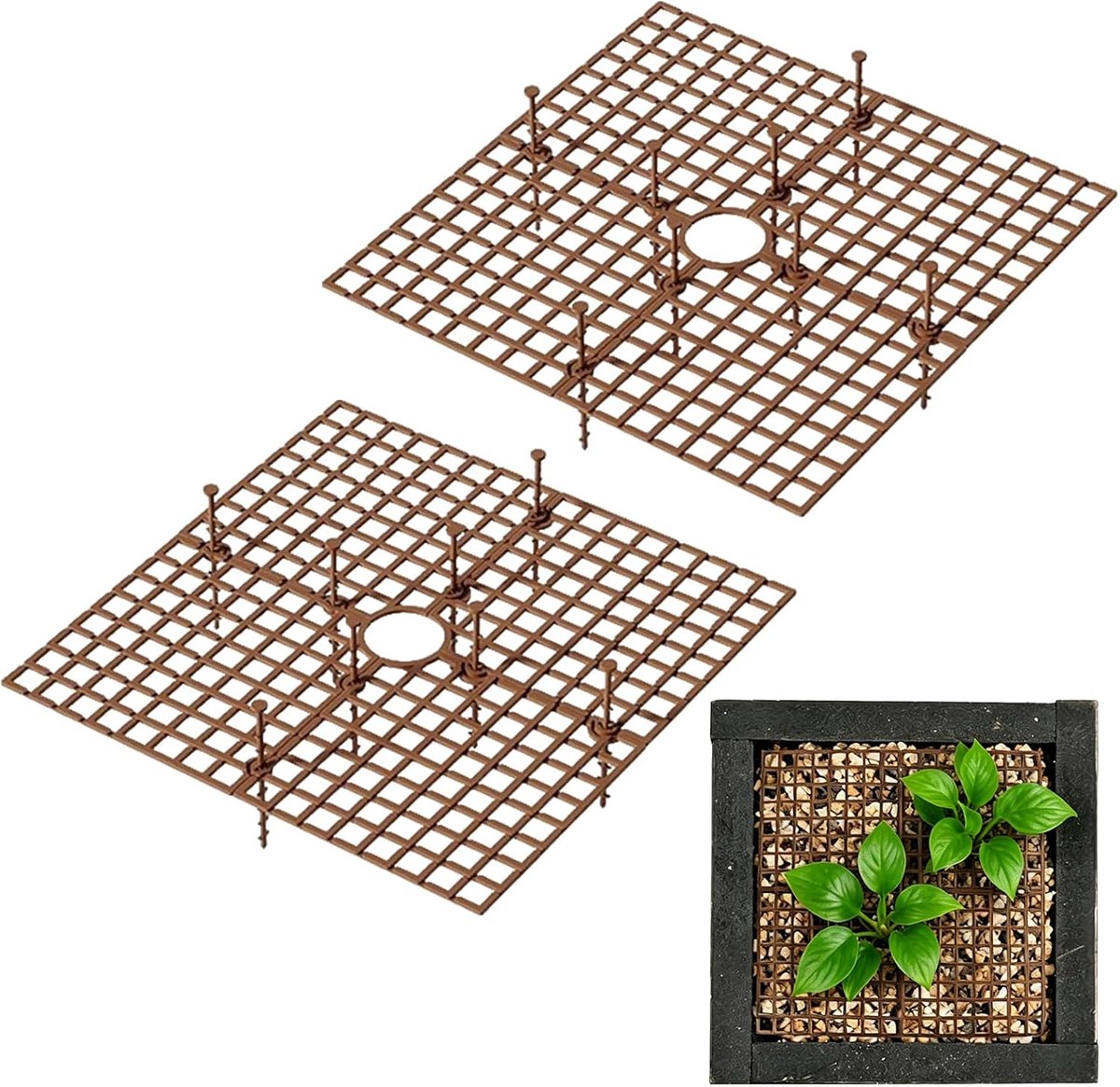 2 stuks bloempotrooster, plantenbeschermingsrooster, bloempotbescherming, plantenbescherming van dieren, met diepe palen, kan worden gesneden, diameter tuinafdekking, roosterframe, bruin