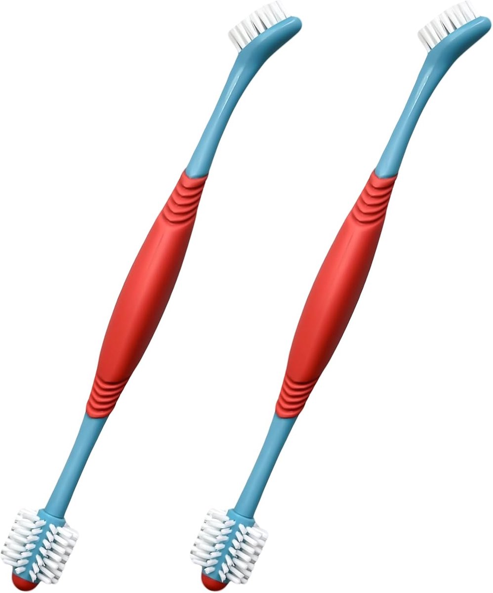 2 STKS Dubbelkoppige Hondentandenborstel, Dual Ended 360 Graden Kattentanden Reinigingsproducten, Tandreiniging met Hond Tandpasta en Plaque Remover (Blauw × 2)