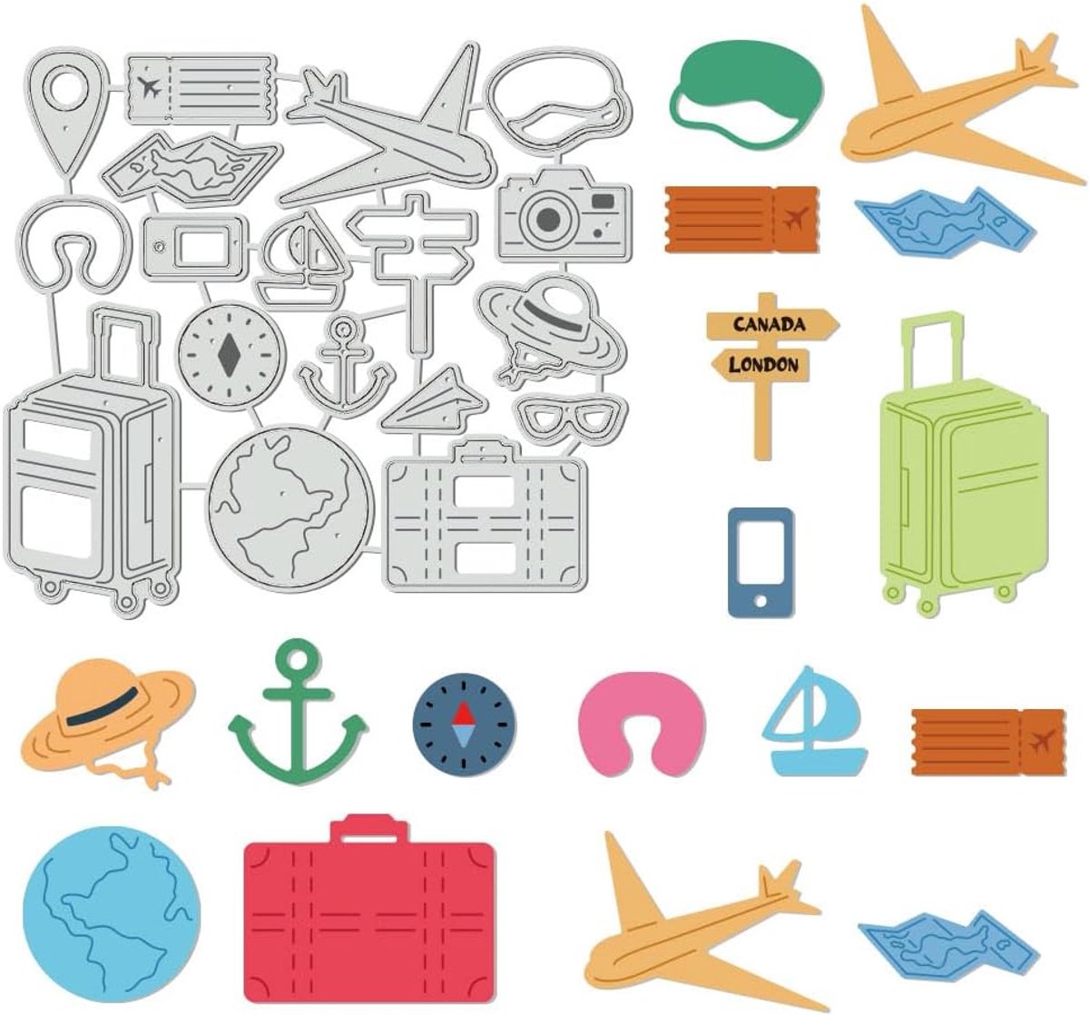 18-delige Globe Reis Metalen Snijden Dies Stencils voor Kaarten Maken Koffer Camera Snijvormen Papier Embossing Snijden Dies Kit Templates Opbergzakken Benodigdheden voor Scrapbooking