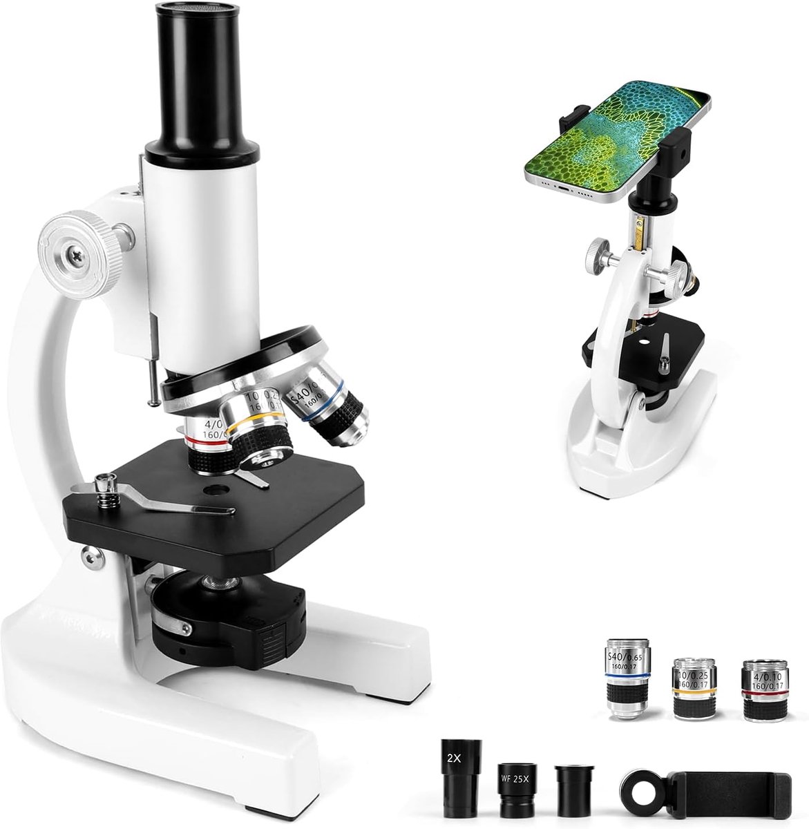 40-2000x microscoop, professionele metalen microscoop voor volwassenen en kinderen | Met 10x & 25x oculairen, 4x 10x 40x lenzen, 2x vergrootglas en accessoireset, ideaal voor biologie en metallurgie