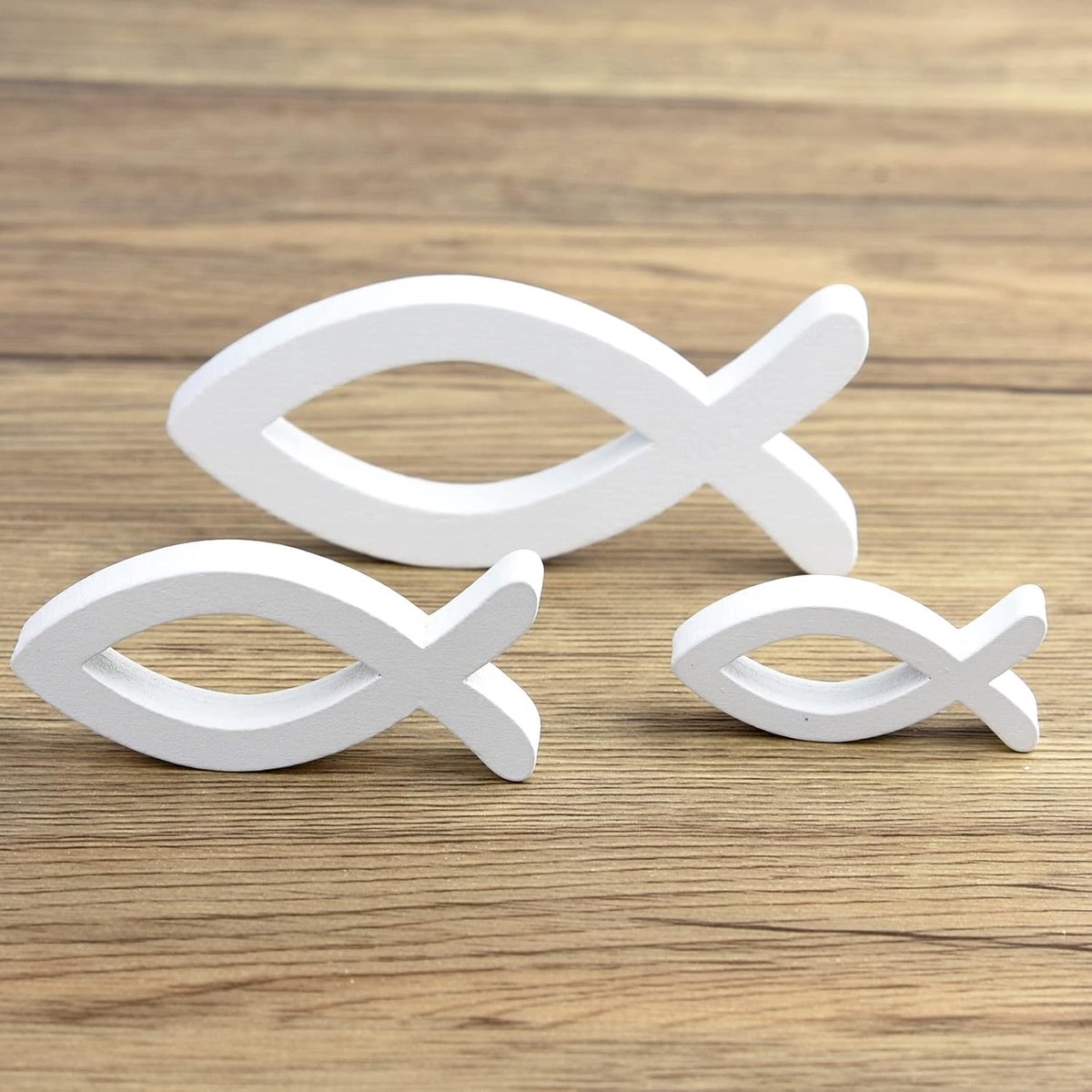 Set van 6 witte decoratieve vissen van hout - doop tafeldecoratie jonge meisjes decoratie doop bevestiging communie