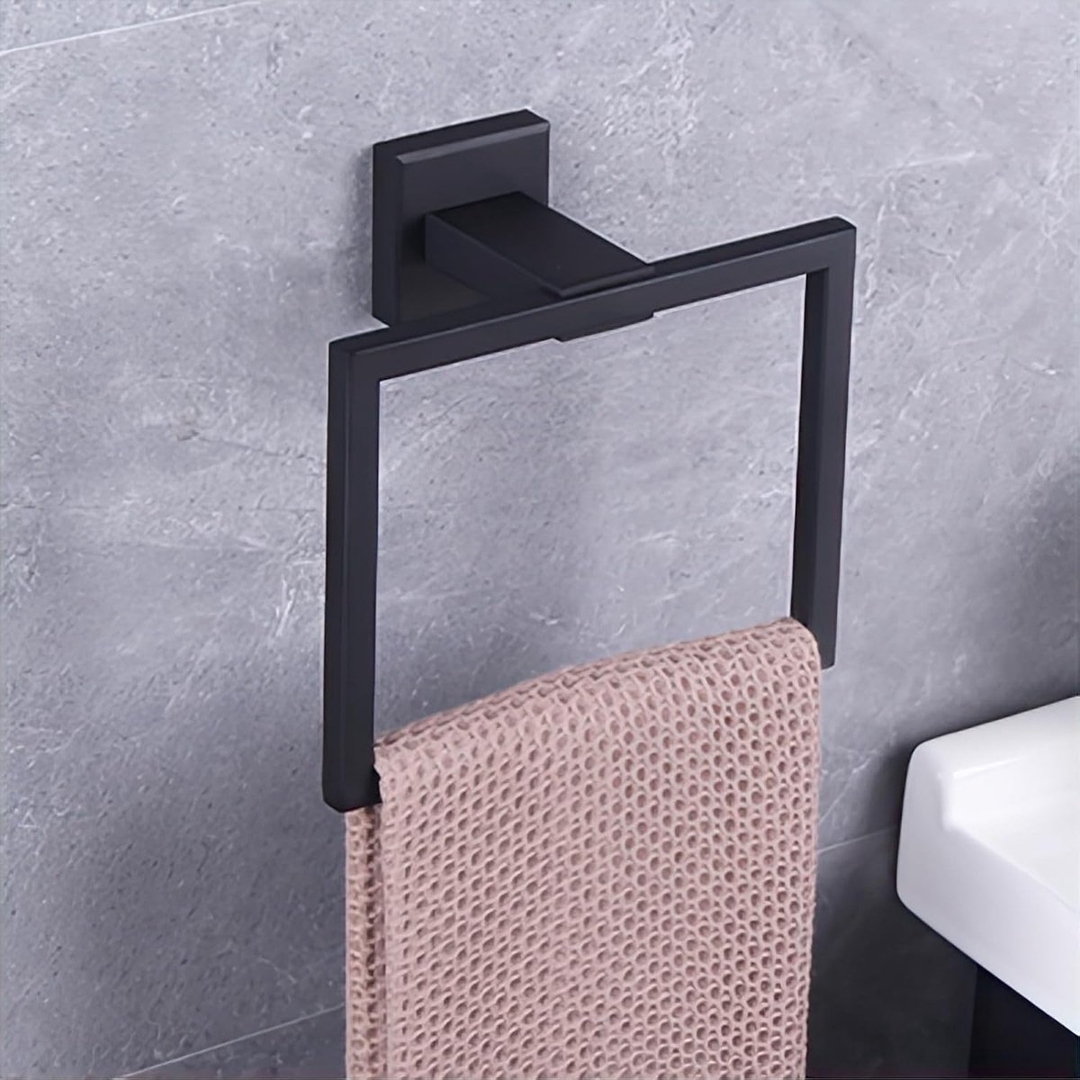 Moderne Zwarte Handdoekhouder SUS304 Rvs Handdoek Hanger Handdoek Ring voor Badkamer Toilet Wall Mount Hedendaagse Stijl JG1906-BK