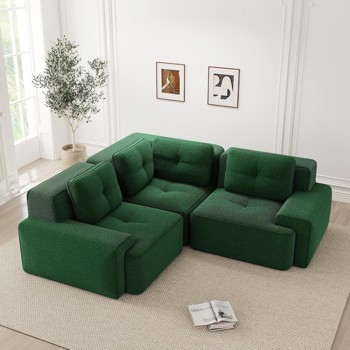 Hoekbank met hoge rugleuning, modulaire corduroy bank voor woonkamer en kantoor, wolkenzachte diepe bank zonder montage, groen, 3-zits (groen, E-3)