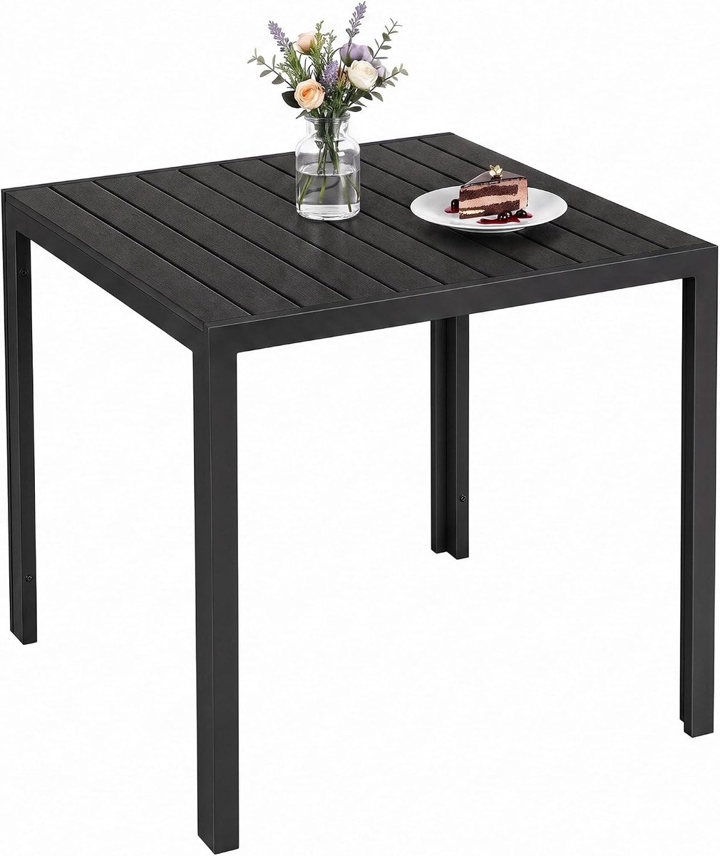 Aluminium WPC Tuintafel, 75x75 cm Vierkant Balkontafel, Weerbestendig Metalen Tuintafel, Roestvrij Outdoor Eettafel voor Terrassen, Tuin, Balkon, Zwart | Weerbestendige WPC, Aluminiumkader, Roestvrij Lichtgewicht, voor Tuin, Balkon, Dek
