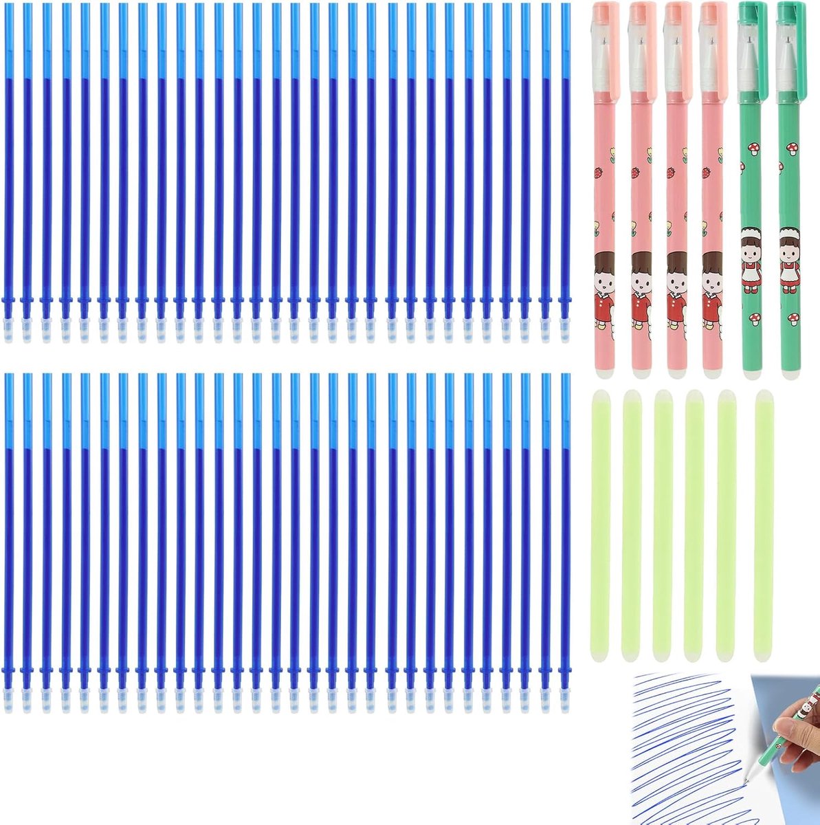 Set van 60 uitwisbare vullingen 0,5 mm met 6 uitwisbare pennen en 6 gummen, blauwe thermogevoelige inkt, essentiële benodigdheden voor school, kantoor en creatieve projecten voor veelzijdig