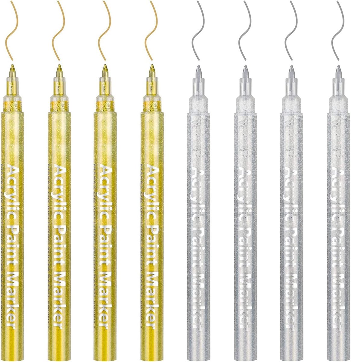 SnelShoppen - Metallic Acrylverf Pennen, 8 Stuks, 0.7mm Acrylmarkers voor Steen Schilderen, Glas, Hout, Porselein, Keramiek, Textiel, Goud en Zilver