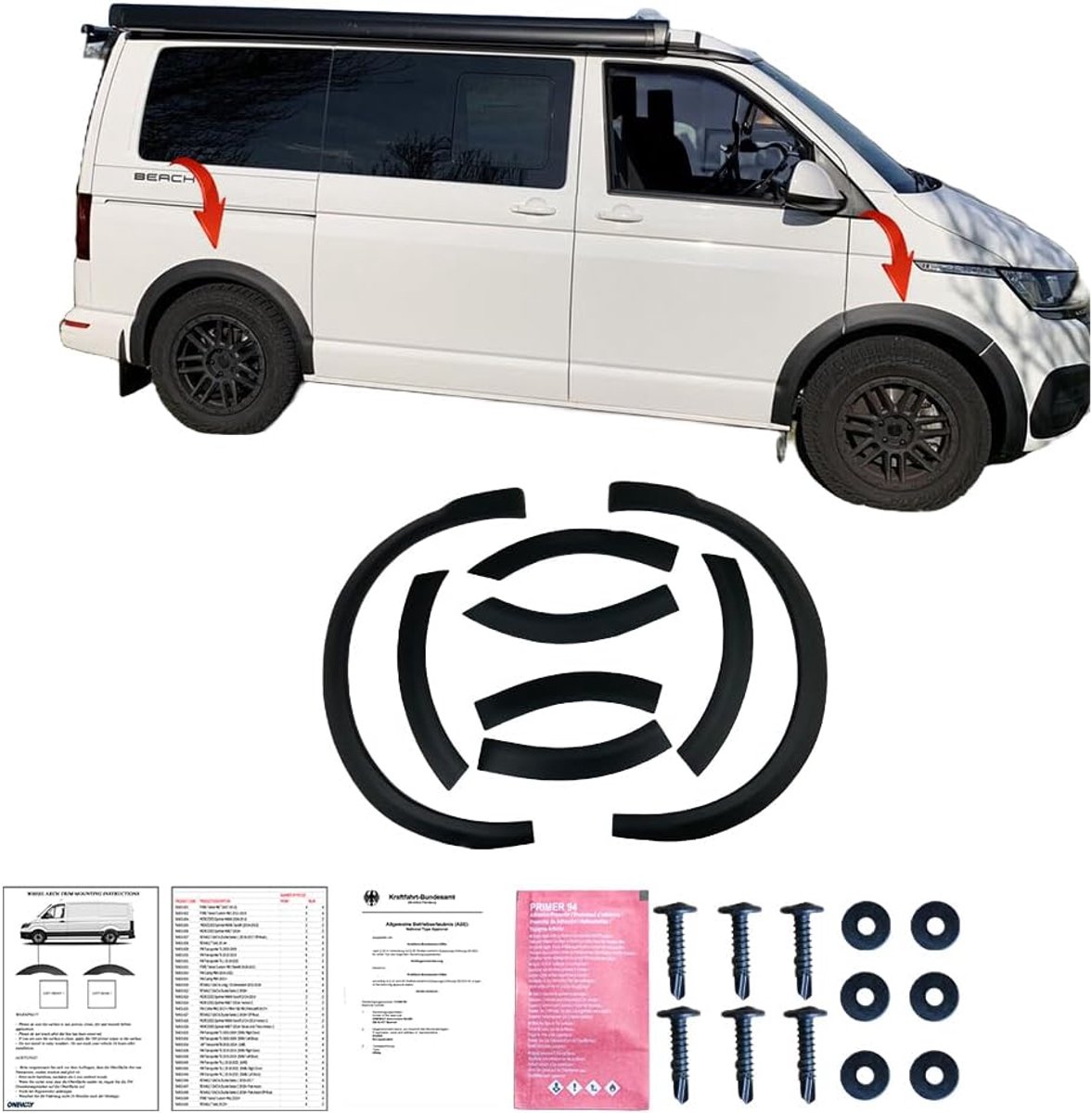 SnelShoppen - Oneway Fender Extender Set voor Volkswagen Transporter T6.1 2020-2022 (Kort Wielbasis) - Matte Zwart - Hoogwaardige ABS Kunststof