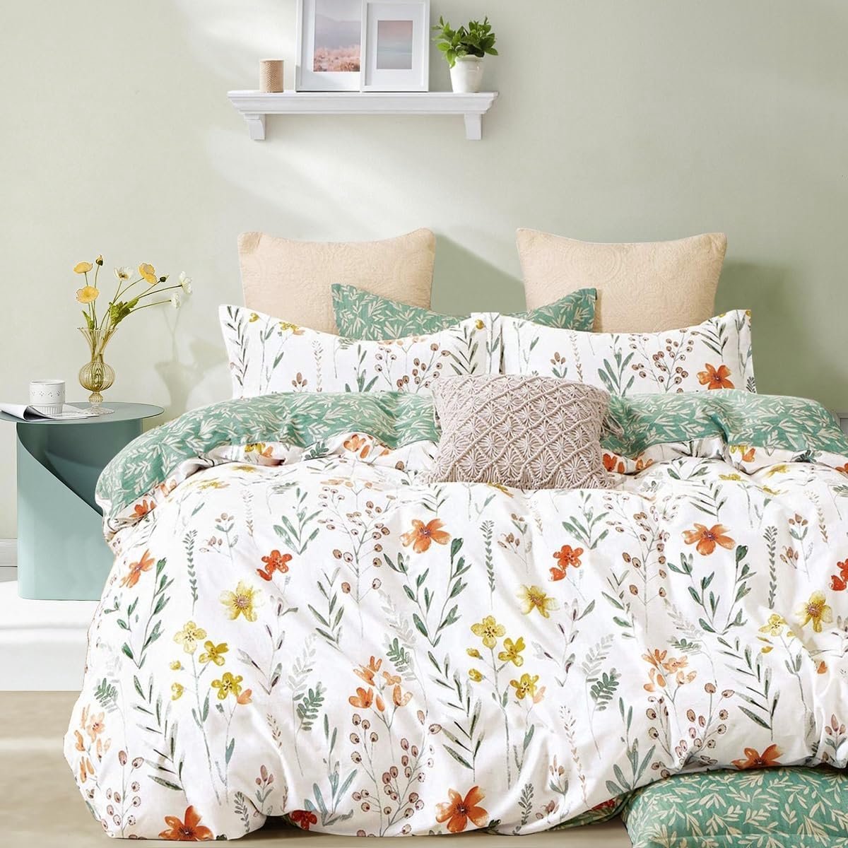 Bedlinnen 155 x 220 cm - Groene bloemenprint - Oeko-Tex gecertificeerd - Ademend en comfortabel - ShopVlot