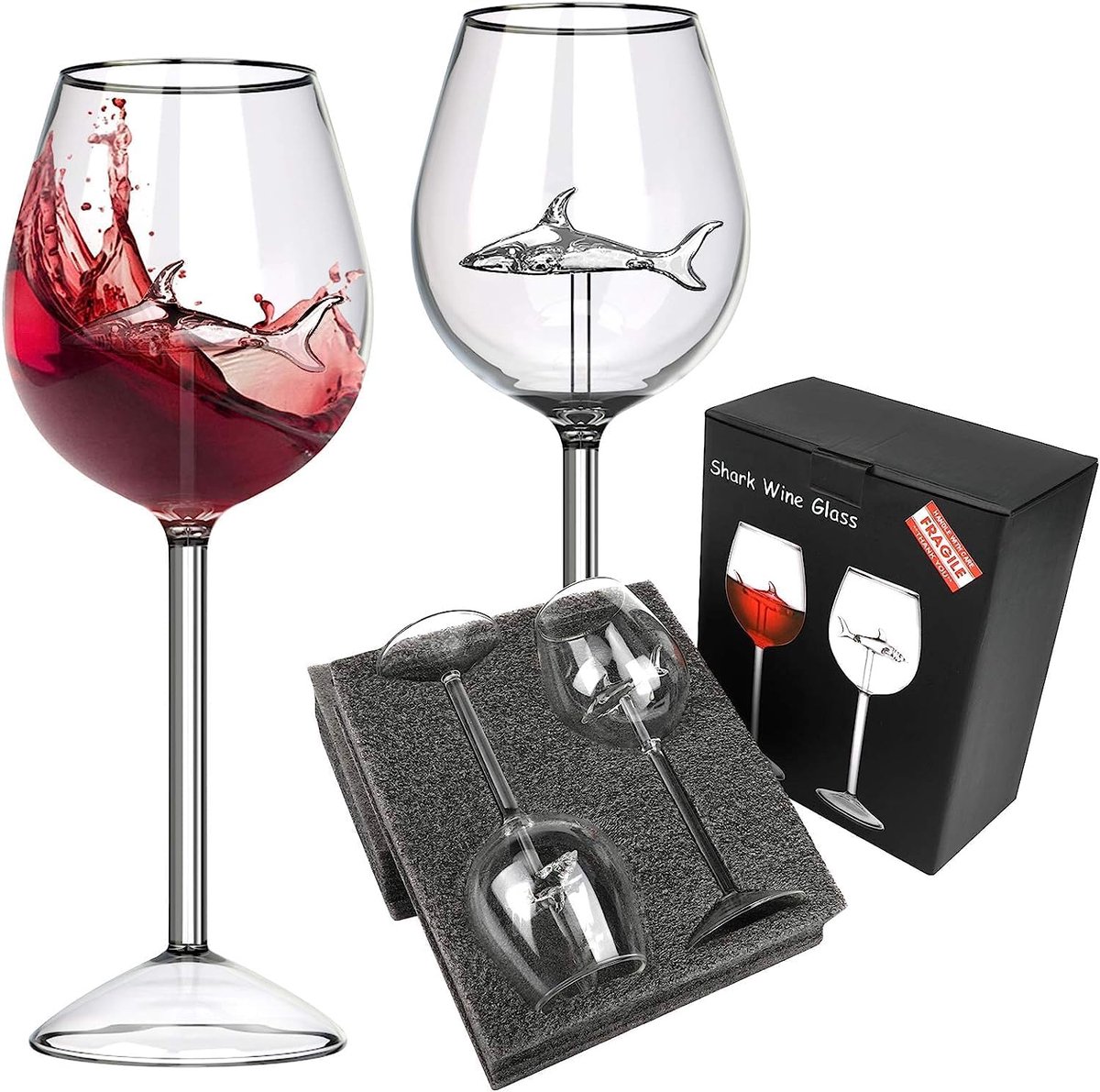 Wijnfluiten met haaien - handgeblazen glas - unieke vorm - perfect voor feestjes - ShopVlot