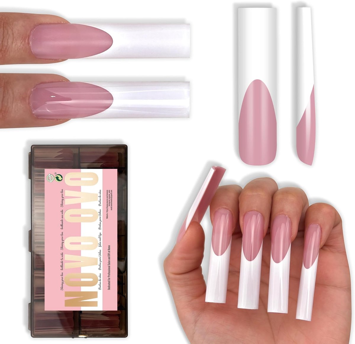 Press on Nails XXL Square - Pack van 150 Soft Gel Nageltips - Berry Pink & Witte Franse tip - ShopVlot