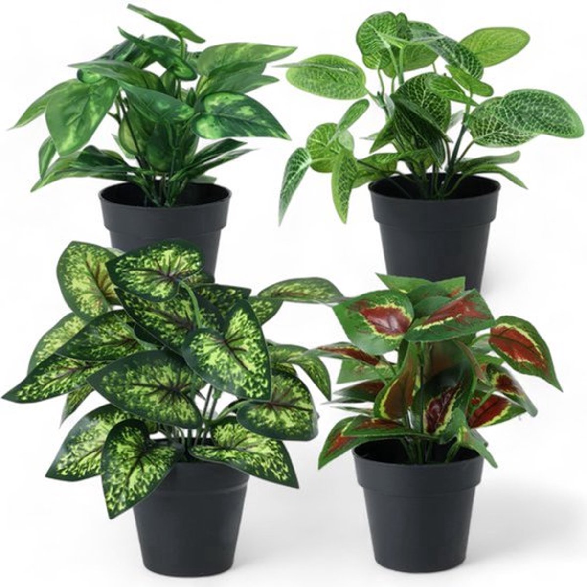 Set van 4 kunstplanten in pot - hoogwaardig kunststof, 21 cm - ideaal voor kantoor, badkamer en huis