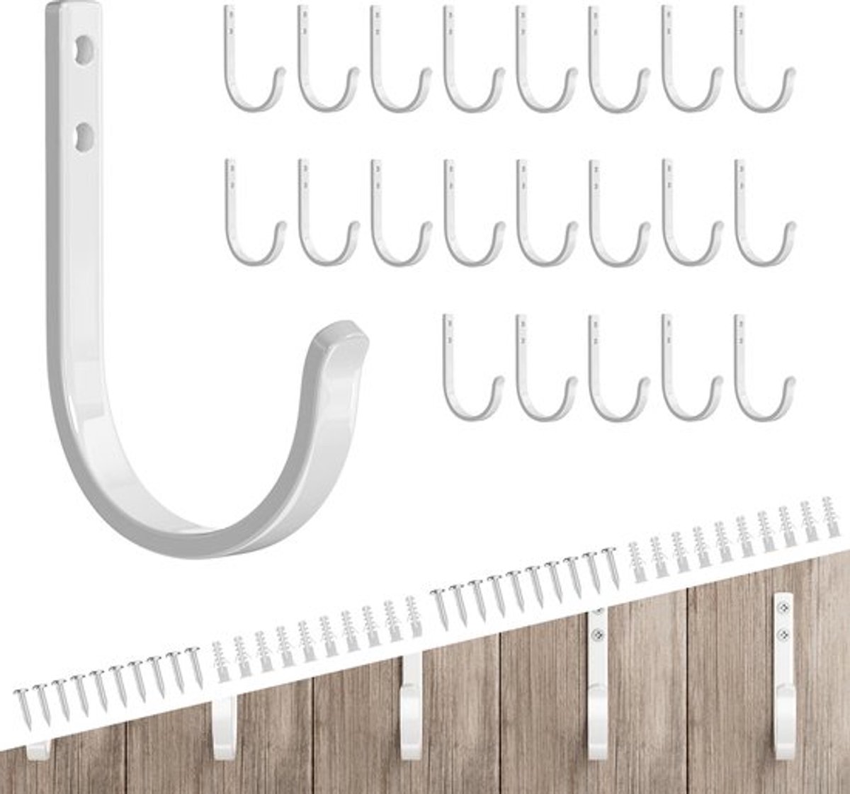 Wandhaken voor het ophangen van handdoeken/jassen - 22LB Schroef in metalen hanger voor wandmontage, voor buiten, kast, deur, badkamers, voor rugzakken, badjassen, wit, verpakking van 20 stuks