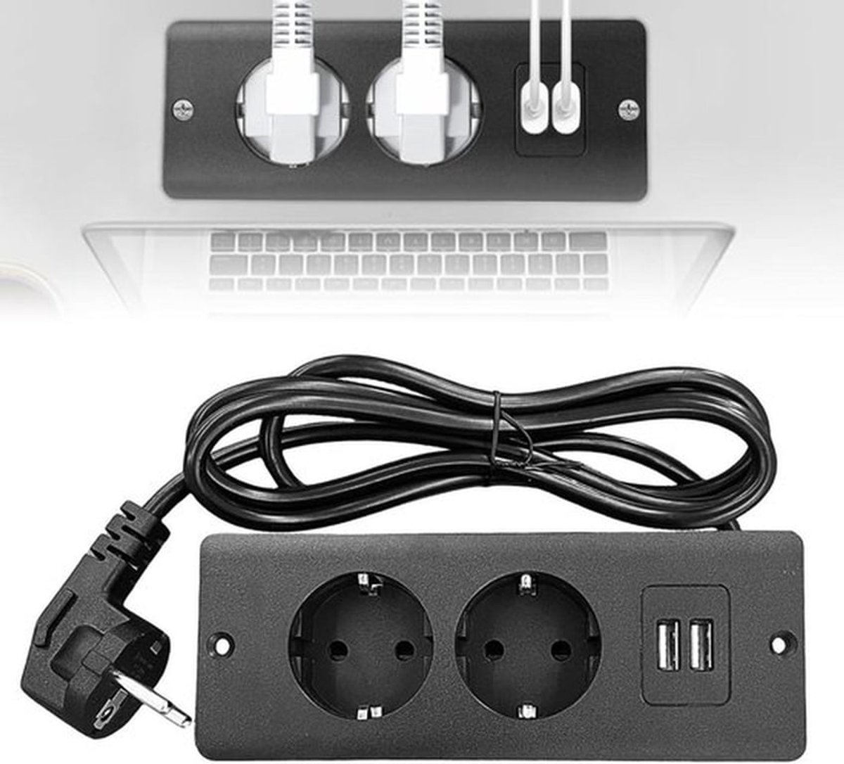 Verzonken stopcontact 2-voudig inbouwstopcontact met USB en 1.5m kabel - Zwart voor tafelblad werkblad vergadertafel