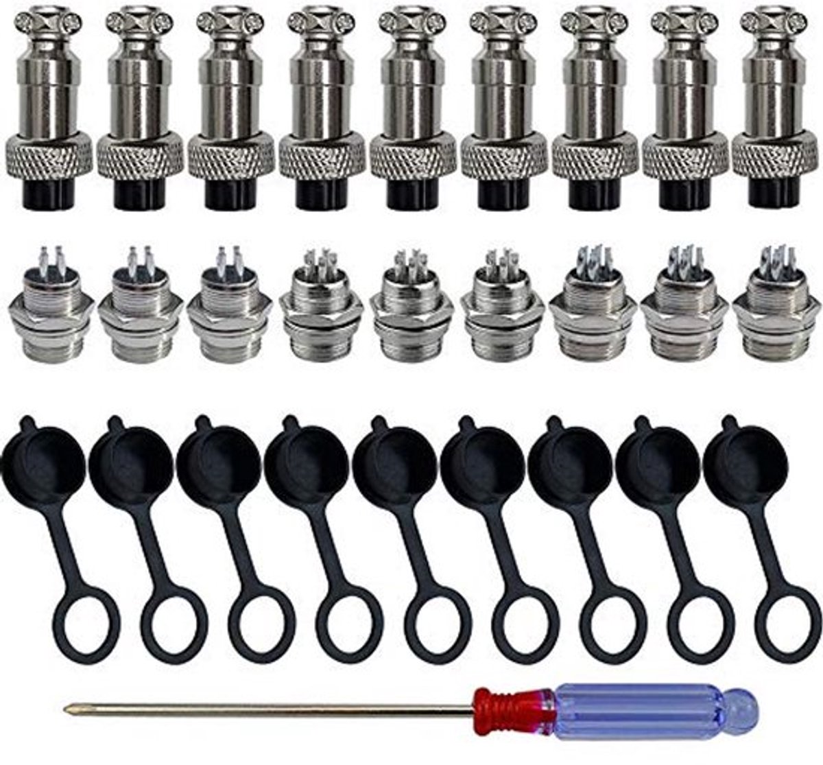 Set van 9 GX12 Luchtvaartpluggen 5A 12mm Mannelijk Vrouwelijk Metaal Paneel Luchtvaartplug met Rubber Kap en Schroevendraaier (4/5/6-Pool)