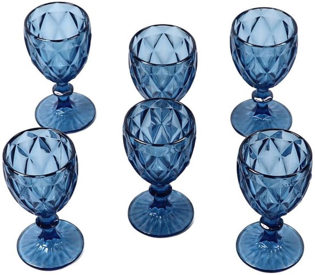 Set van 6 wijnglazen, steelglas, retro, afgerond blauw, 240 ml, met antieke lange steel, inclusief set voor wijnglazen