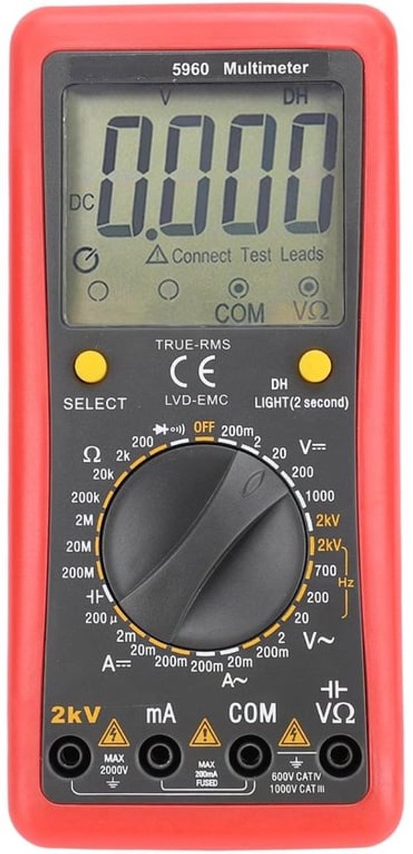 Digitale Multimeter, 2000V 200MA 20MΩ Professionele Spanningstester met DC AC Voltmeter en OHM Volt AMP Meter, Nauwkeurig Meten van Spanning, Stroom, Weerstand, Capaciteit en Diode