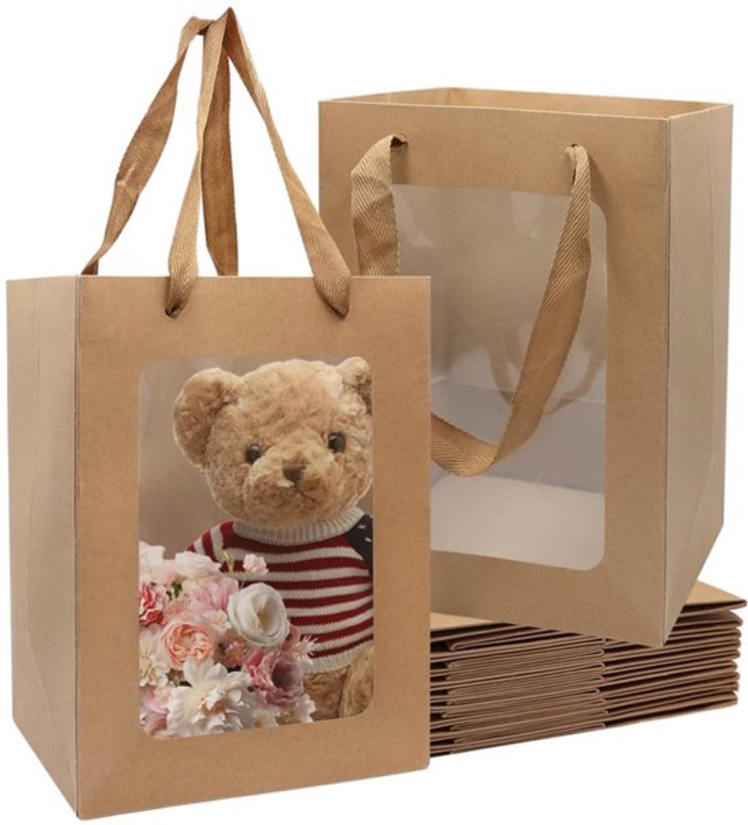 Verpakking van 10 Raam Cadeauzakken met Handvatten Kraftpapier Duurzaam met Handvat voor het Inpakken van Feestgeschenken, Snoep, Koekjes