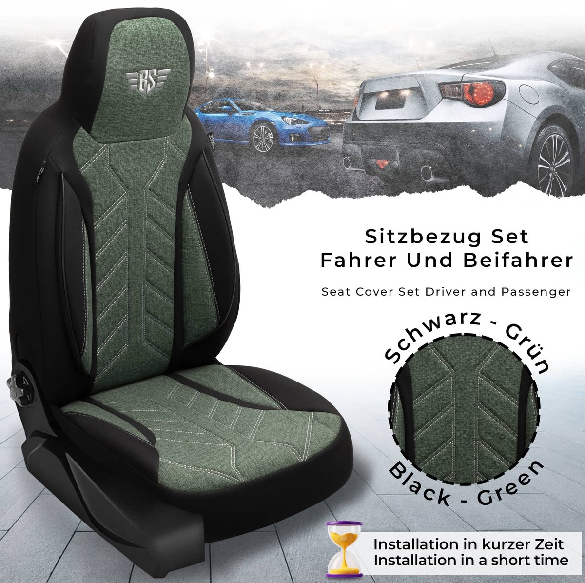 Autostoelhoezen voor BMW 1er BJ 2004-11 – Stoelhoezen voor bestuurder en passagier in Zwart/Olijfgroen