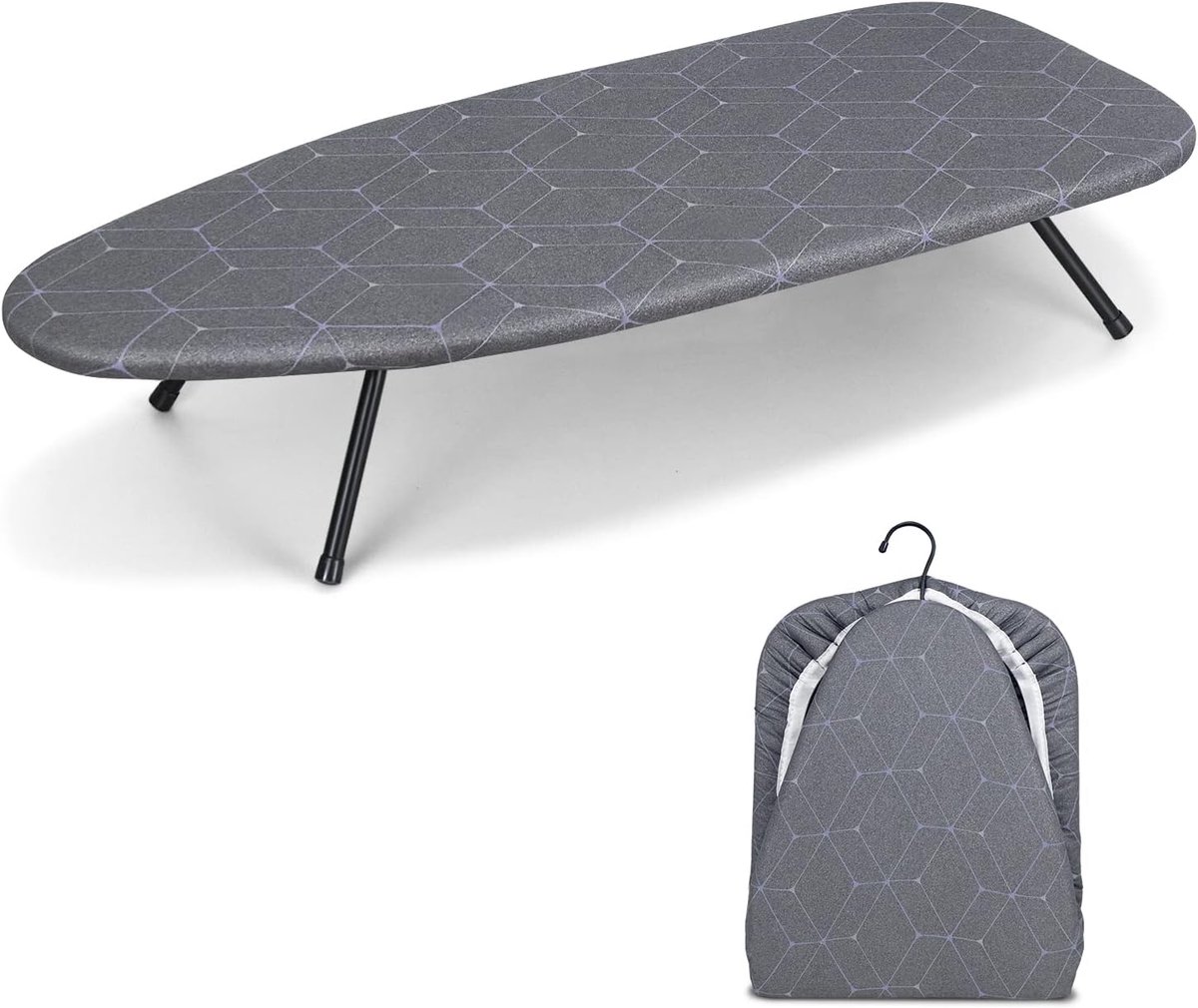 Strijkplank opvouwbaar 32 x 78 cm - grijs geometrisch - met opberghaak - ideaal voor reizen - ShopVlot