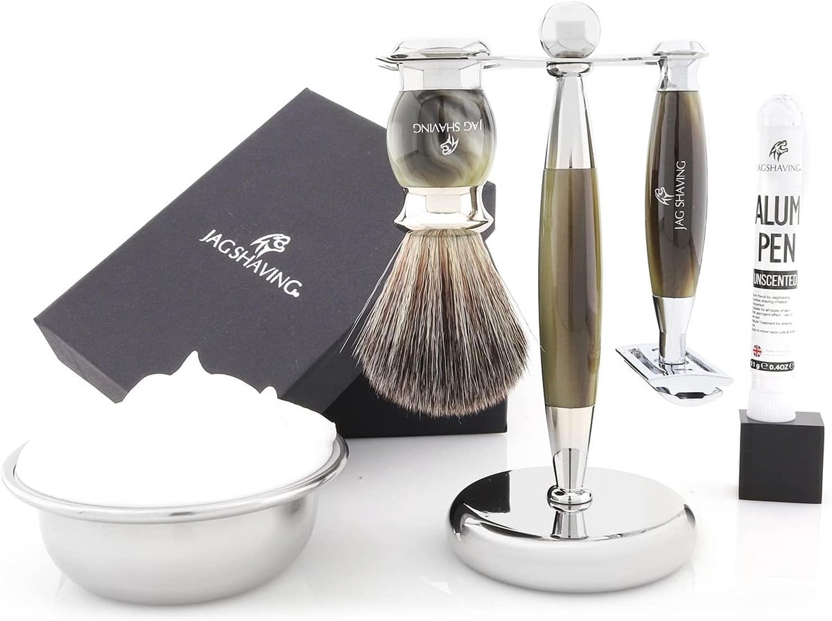 Scheerset 5-delig - synthetische haar borstel - veiligheidsrazor met houder - luxe scheren - ShopVlot