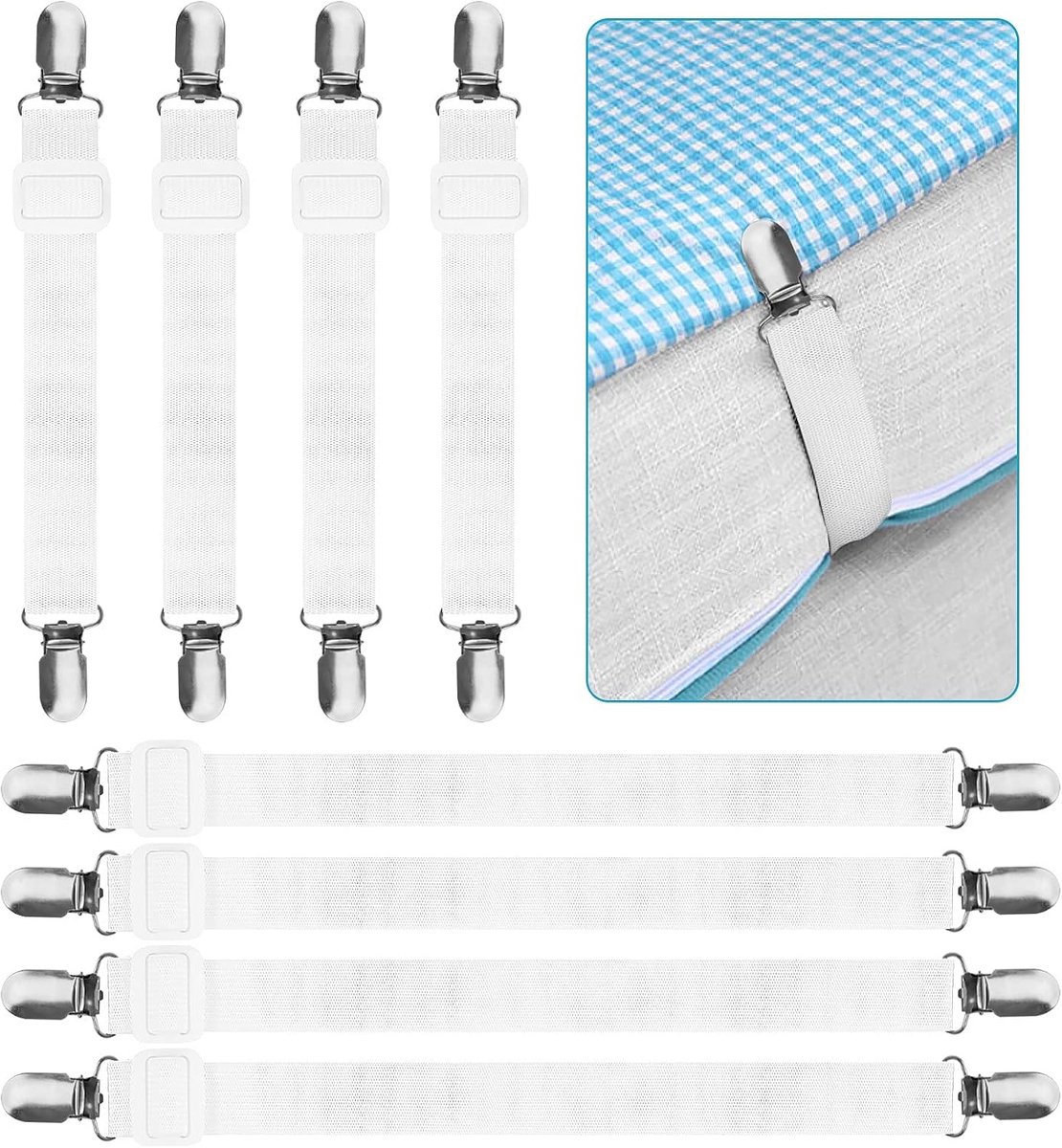 Bedlakenspanners 8 Stuks - Verstelbaar - Met Metalen Klemmen - Voor Strakke Bedlakens - ShopVlot