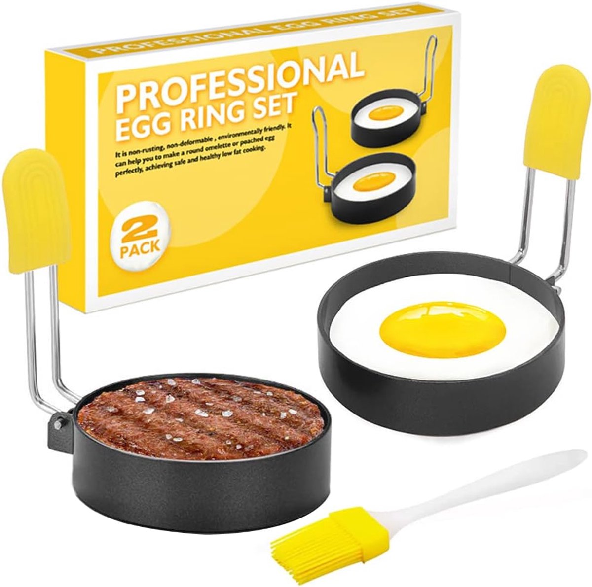 Eierbakring 7,5 cm - Set van 2 - RVS met silicone grip - Perfect voor hamburgers en muffins - ShopVlot