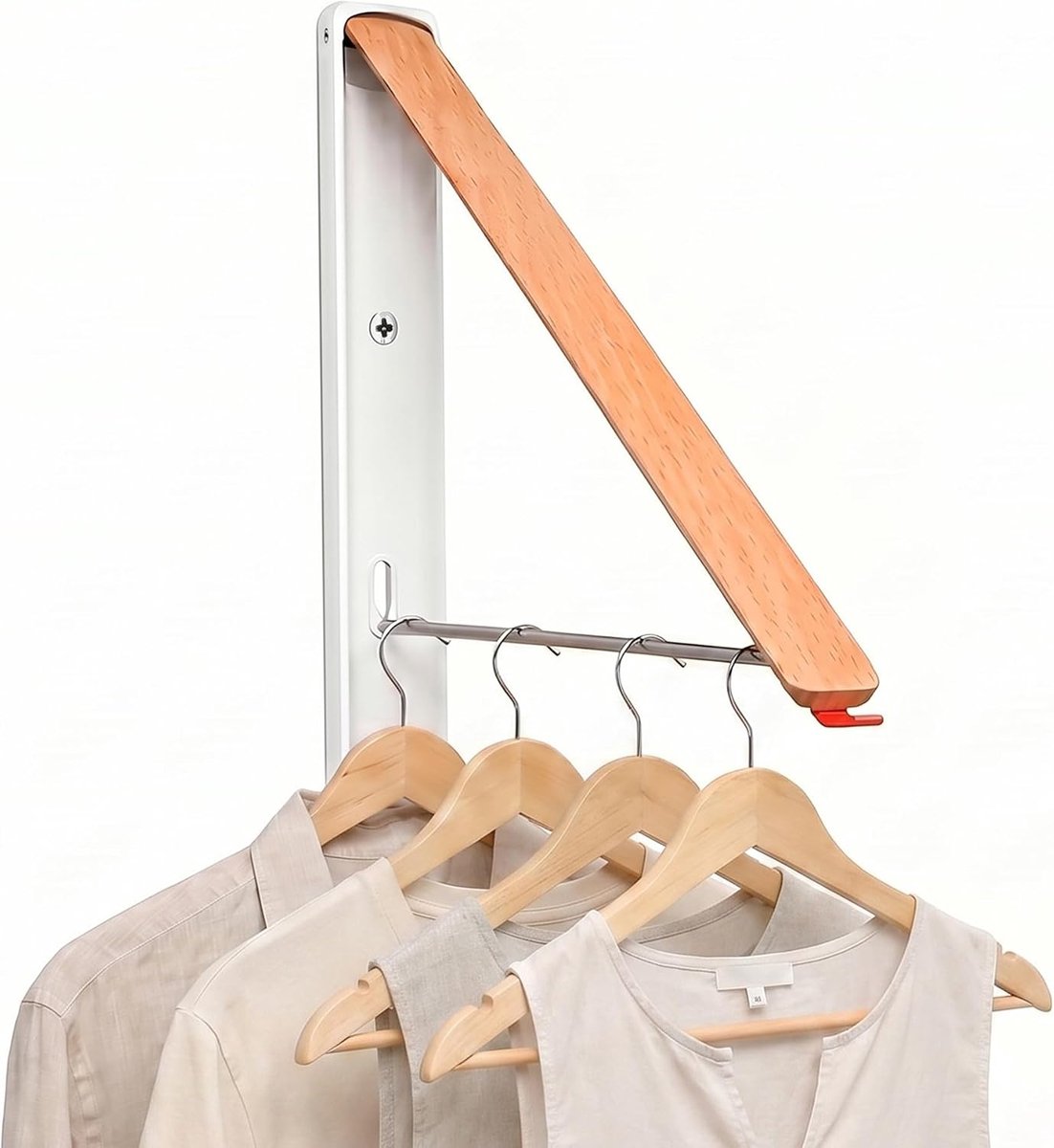 Opvouwbare wandgemonteerde droogrek - intrekbare washanger - hout en witte afwerking - ShopVlot