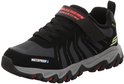 Zwarte Skechers outdoorschoen met grijze strepen, klittenbandsluiting en rode accenten op de zool. "WATERPROOF" opdruk.