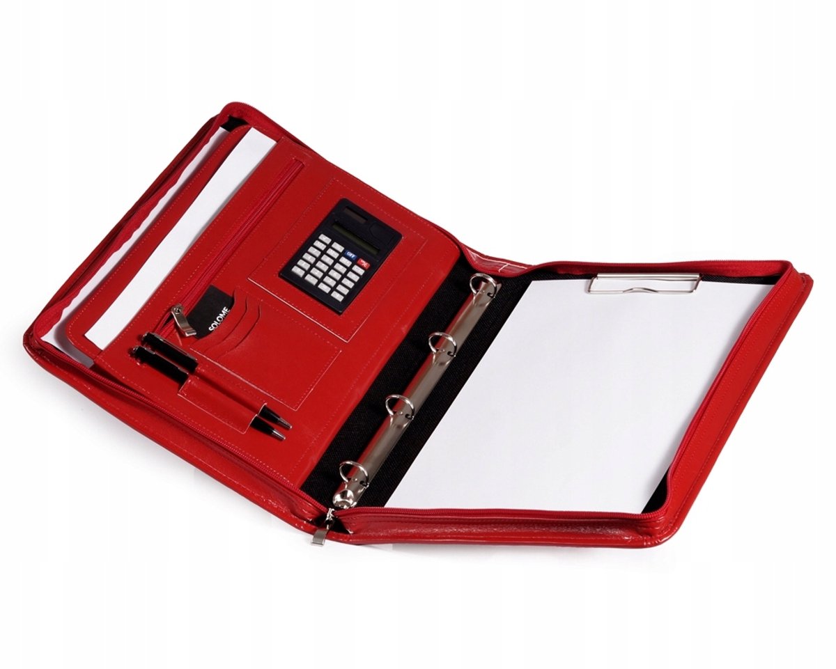 Rode Leren Aktetas A4 met Rits en Rekenmachine - Solome