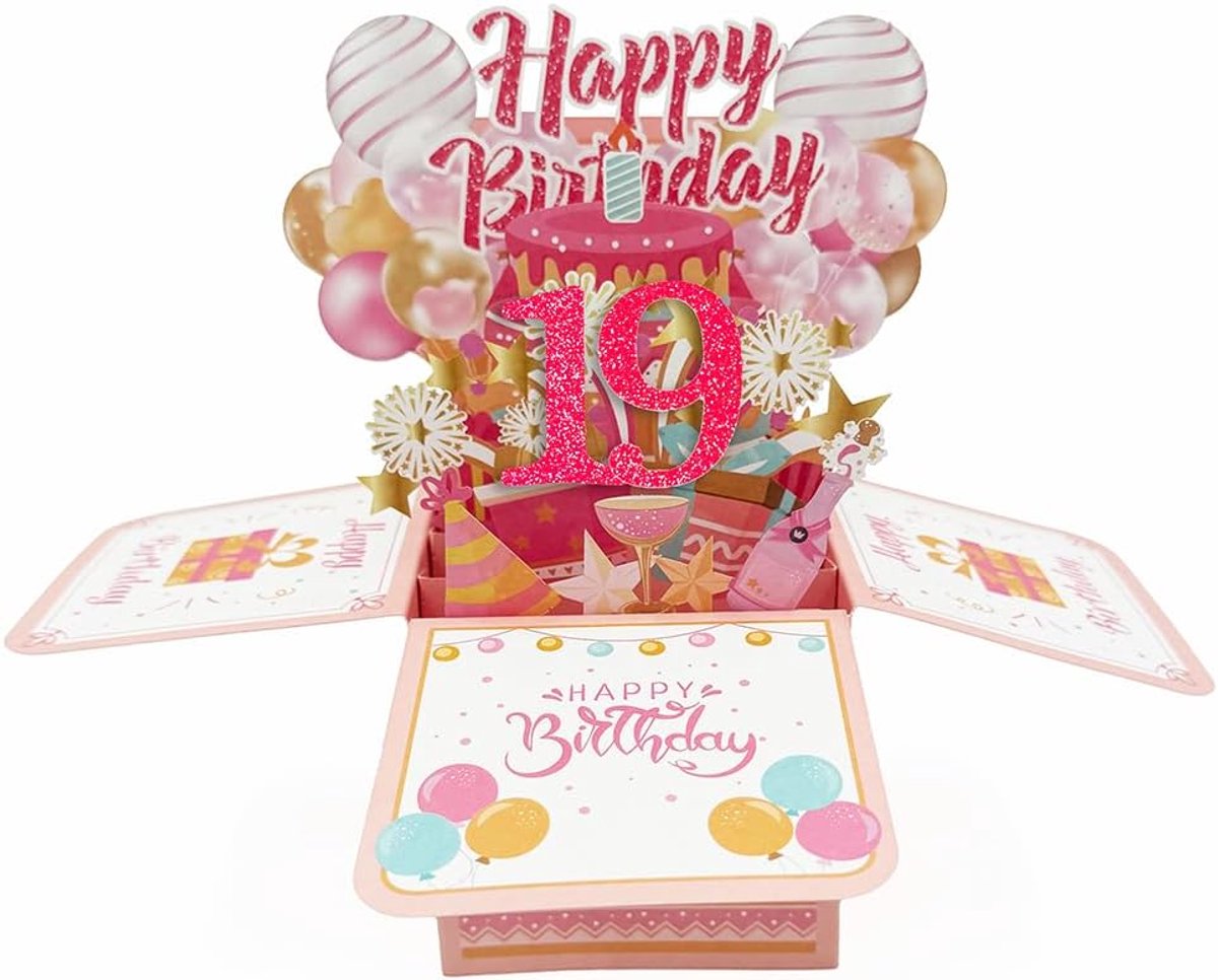 Pop-upkaart 19e verjaardag - 3D wenskaart - uniek ontwerp - perfect cadeau voor haar - ShopVlot