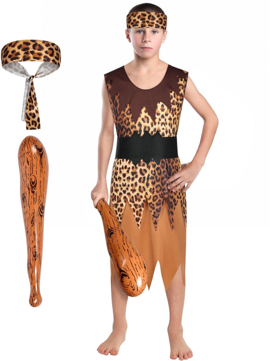 Steentijdkleding voor kinderen L - grotkostuum met gewaad en opblaasbare stok - ideaal voor Halloween - ShopVlot